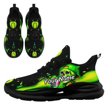 Halloween Fluorescent Green Skull Graffiti Streetwear Sneakers, Luminous Effect Athletic Party Shoes FN079-25023128-B