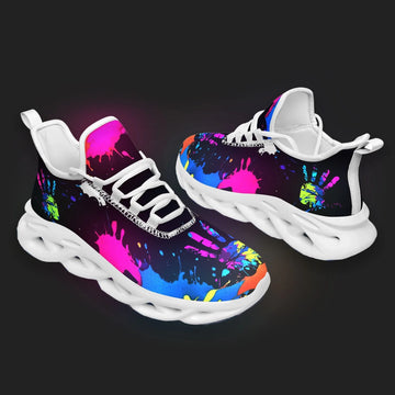 Glow-in-the-Dark Neon Handprint Sneakers: Black Fluorescent Halloween Athletic Shoes FN003-25025052-4W