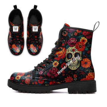 Day of the Dead Sugar Skull Combat Boots - Floral Mexican Calavera Fashion Boots 058-6-25009040