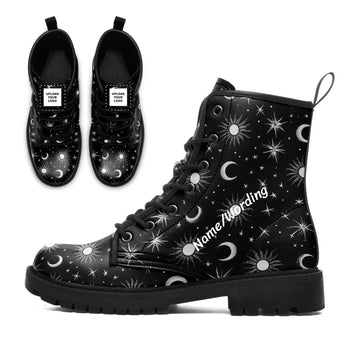 Celestial Sun & Moon Combat Boots, Gothic Stars Astrology Print Vegan Leather Boots 058-6-25009046