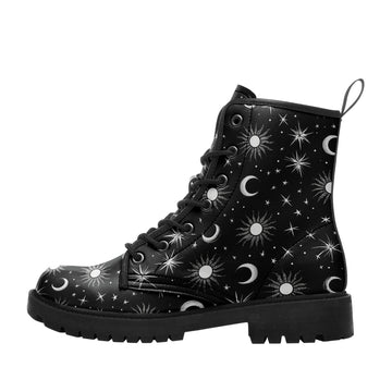 Celestial Sun & Moon Combat Boots, Gothic Stars Astrology Print Vegan Leather Boots 058-6-25009046