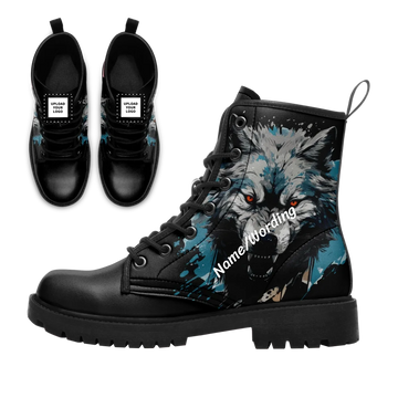 Fierce Alpha Wolf Combat Boots, Red-Eyed Snarling Wolf Print Biker Style Boots BOOTS-25025121