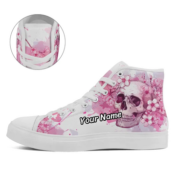 Pastel Goth Cherry Blossom Skull High-Top Sneakers, Pink Sakura & Bone Art Print Shoes FN024-25028135