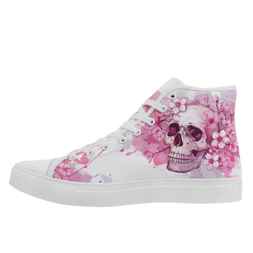 Pastel Goth Cherry Blossom Skull High-Top Sneakers, Pink Sakura & Bone Art Print Shoes FN024-25028135