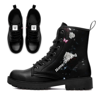 Gothic Romance Dark Forest Floral Boots, White Rose & Butterfly Print Vegan Leather Boots 058-6-25009053