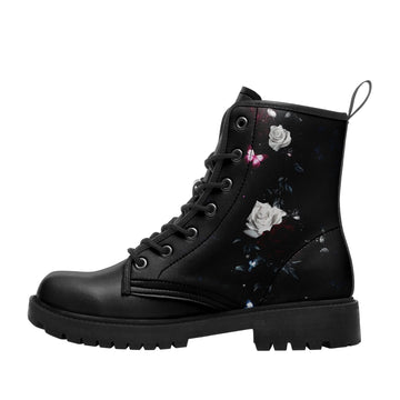 Gothic Romance Dark Forest Floral Boots, White Rose & Butterfly Print Vegan Leather Boots 058-6-25009053