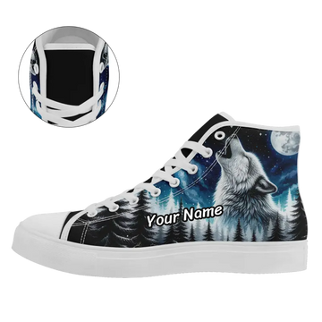 Howling Wolf & Full Moon High-Top Sneakers, Winter Forest Night Canvas Shoes FN024-25025130