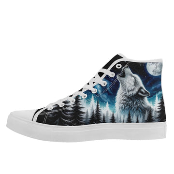 Howling Wolf & Full Moon High-Top Sneakers, Winter Forest Night Canvas Shoes FN024-25025130