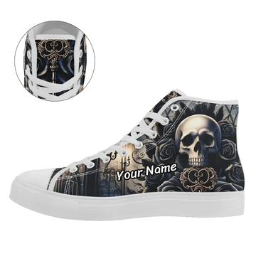Gothic Skull & Secret Key High-Top Sneakers, Black Roses Macabre Romance Art Shoes FN024-25023176
