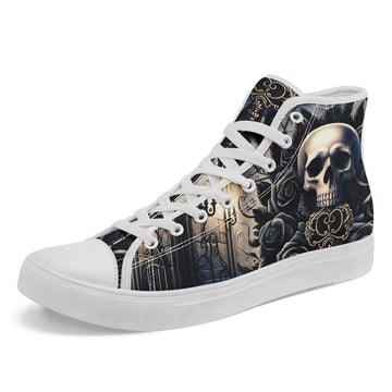 Gothic Skull & Secret Key High-Top Sneakers, Black Roses Macabre Romance Art Shoes FN024-25023176