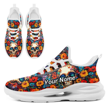 Psychedelic Floral Skull Athletic Sneakers, Vibrant Trippy Gothic Style Festival Trainers FN079-25020185