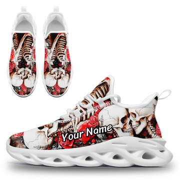 Gothic Romance Skull & Red Roses Athletic Sneakers, Macabre Art Print Street Goth Trainers FN003-25018038