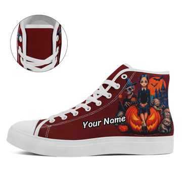 Gothic Girl & Spooky Monsters Halloween High-Top Sneakers | Pumpkin Party Canvas Shoes | FN024-25027143