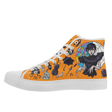 Spooky Doodle Collage High-Top Sneakers, Gothic Girl Halloween Icon Pattern Shoes FN024-25028148