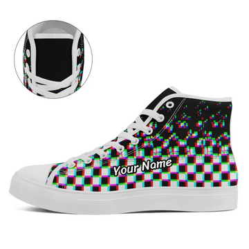 Glitch Effect Checkerboard High-Top Sneakers, Cyberpunk Digital Static Punk Rock Shoes FN024-25020187