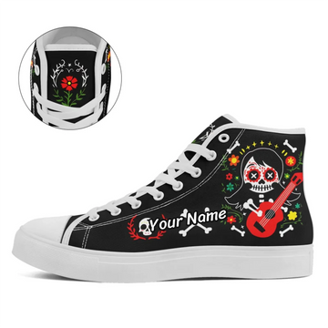 Day of the Dead Sugar Skull High-Top Sneakers, Día de los Muertos Festive Folk Art Shoes FN024-25009062