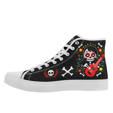 Day of the Dead Sugar Skull High-Top Sneakers, Día de los Muertos Festive Folk Art Shoes FN024-25009062