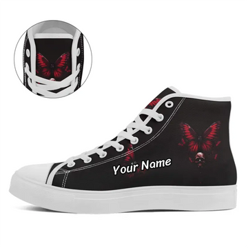 Gothic Red Butterfly & Skull High-Top Sneakers, Macabre Beauty Dark Art Canvas Shoes FN024-25009063