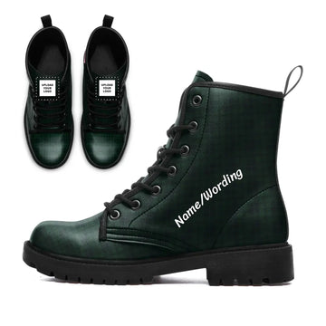 Dark Forest Green Plaid Combat Boots, Gothic Punk Tartan Style Vegan Leather Boots 058-6-25020195