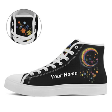 Dreamy Moon & Dangling Stars High-Tops, Artistic Rainbow Night Sky Festival Shoes FN024-25009066