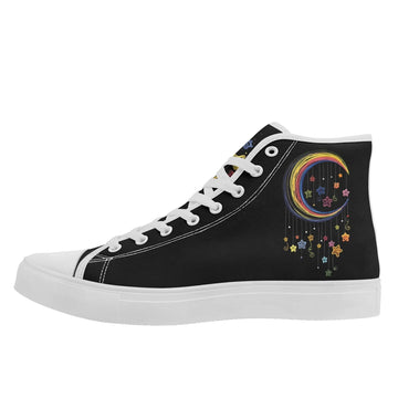 Dreamy Moon & Dangling Stars High-Tops, Artistic Rainbow Night Sky Festival Shoes FN024-25009066