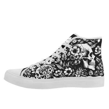 Gothic Floral Skull High-Top Sneakers, Monochrome Dark Botanical Art Canvas Shoes FN024-25023190