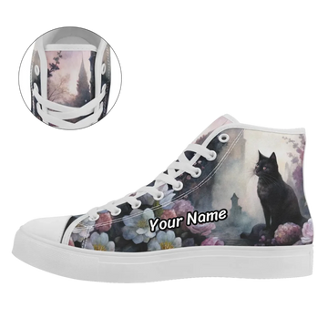 Gothic Black Cat in a Moonlit Garden High-Top Sneakers, Romantic Whimsigoth Floral Shoes FN024-25025147