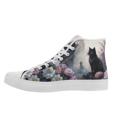 Gothic Black Cat in a Moonlit Garden High-Top Sneakers, Romantic Whimsigoth Floral Shoes FN024-25025147