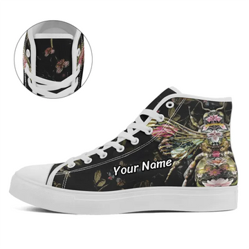 Surreal Floral Bee High-Top Sneakers, Dark Botanical Collage Art Print Canvas Shoes FN024-25020198