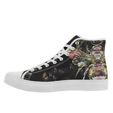 Surreal Floral Bee High-Top Sneakers, Dark Botanical Collage Art Print Canvas Shoes FN024-25020198