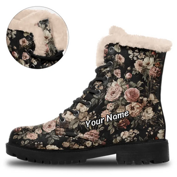 Vintage Floral Fleece Lined Winter Boots, Dark Botanical Romantic Goth Winter Shoes 058-1-25009069