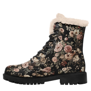 Vintage Floral Fleece Lined Winter Boots, Dark Botanical Romantic Goth Winter Shoes 058-1-25009069