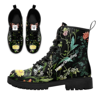 Dark Wildflower Meadow Boots, Cottagecore Botanical Floral Print Goth Style Combat Boots BOOTS-25023193
