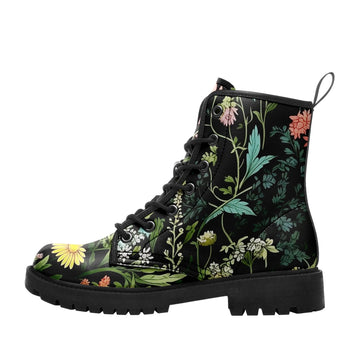 Dark Wildflower Meadow Boots, Cottagecore Botanical Floral Print Goth Style Combat Boots BOOTS-25023193
