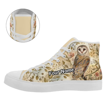 Elegant Barn Owl & Botanical High-Top Sneakers, Whimsical Forest & Floral Art Shoes FN024-25025150