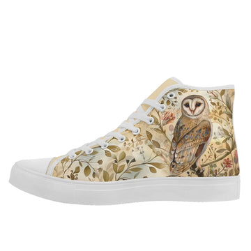 Elegant Barn Owl & Botanical High-Top Sneakers, Whimsical Forest & Floral Art Shoes FN024-25025150