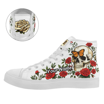 Gothic Skull with Red Roses & Butterfly High-Top Sneakers, Dark Romantic Art Canvas Shoes FN024-25023194