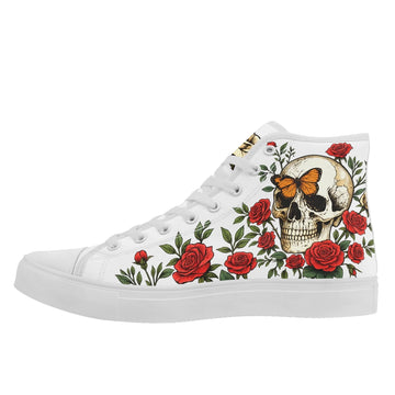 Gothic Skull with Red Roses & Butterfly High-Top Sneakers, Dark Romantic Art Canvas Shoes FN024-25023194