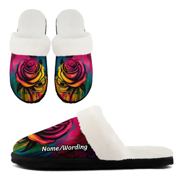 Elegant Rose Floral Plush Slipper Collection, Cozy Botanical Art House Shoes FN089-25009074