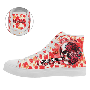Crazy Beautiful Skull Rose & Leopard Print High-Top Sneakers, Edgy Goth Style Canvas Shoes FN024-25023198