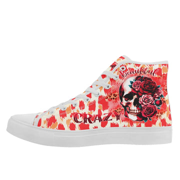 Crazy Beautiful Skull Rose & Leopard Print High-Top Sneakers, Edgy Goth Style Canvas Shoes FN024-25023198