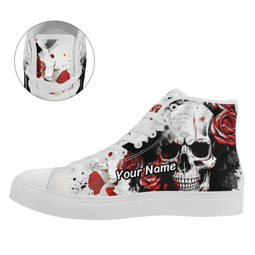 Artistic Skull & Rose High-Top Sneakers, Graphic Print Canvas Shoes FN024-2500668