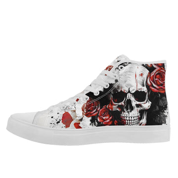 Artistic Skull & Rose High-Top Sneakers, Graphic Print Canvas Shoes FN024-2500668