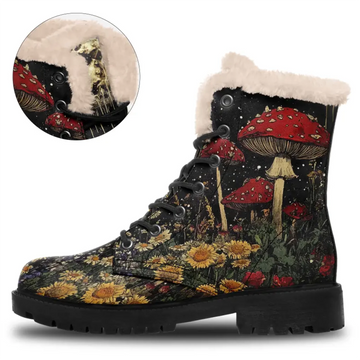 Magic Mushroom & Wildflower Fleece Lined Boots, Dark Forest Cottagegore Winter Shoes 058-1-25020202