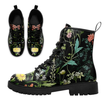 Dark Wildflower Meadow Combat Boots, Cottagecore Botanical Floral Print Goth Style Boots BOOTS-25023193