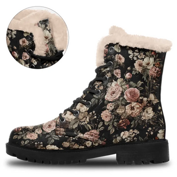 Vintage Floral Fleece Lined Combat Boots, Dark Botanical Romantic Goth Winter Shoes 058-1-25009069