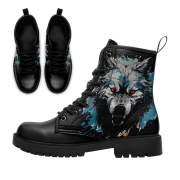 Fierce Alpha Wolf Combat Boots, Red-Eyed Snarling Wolf Print Biker Style Boots BOOTS-25025121