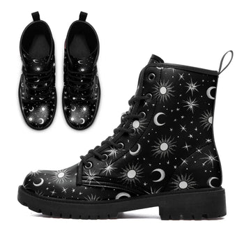 Celestial Sun & Moon Witchy Combat Boots, Gothic Stars Astrology Print Vegan Leather Boots 058-6-25009046