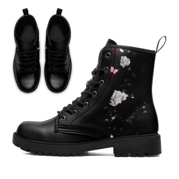 Gothic Romance Dark Forest Floral Boots, White Rose & Butterfly Print Vegan Leather Boots 058-6-25009053