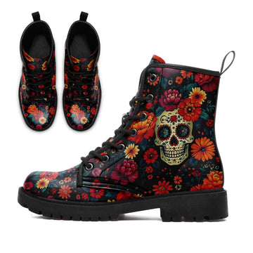 Day of the Dead Sugar Skull Combat Boots - Floral Mexican Calavera Fashion Boots 058-6-25009040